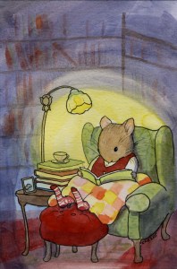a cozy mouse sits in a comfy armchair Carmen Wood illustrator whimsical picture book art minneapolis