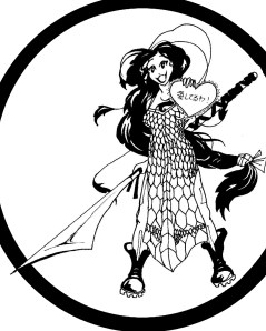 The heart she's holding says 'I love you!' in Japanese (I hope). And who wouldn't want a sword thing like that?! 