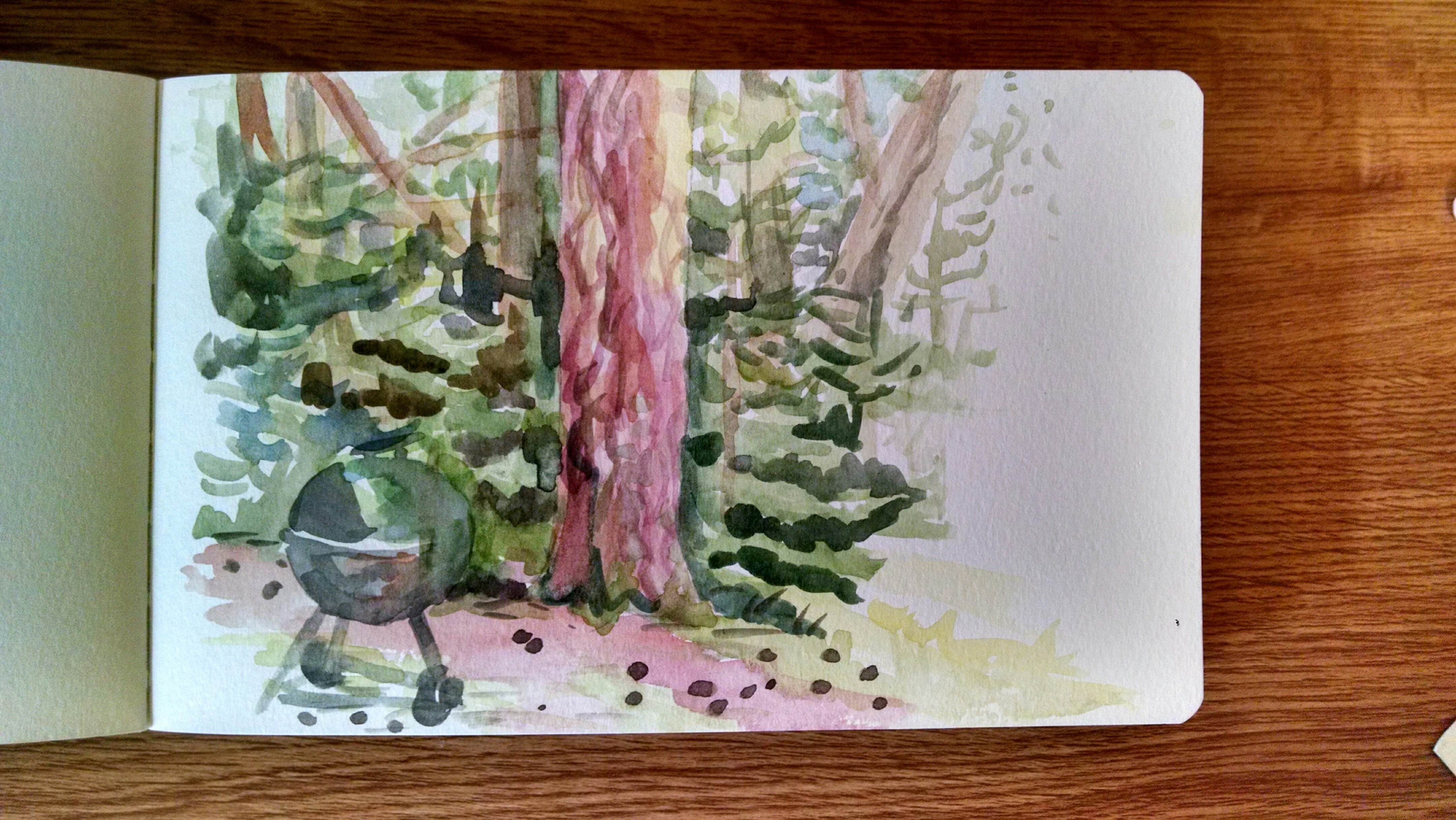 Watercolor pine tree grill green and reds Carmen Wood illustrator whimsical picture book art Minneapolis