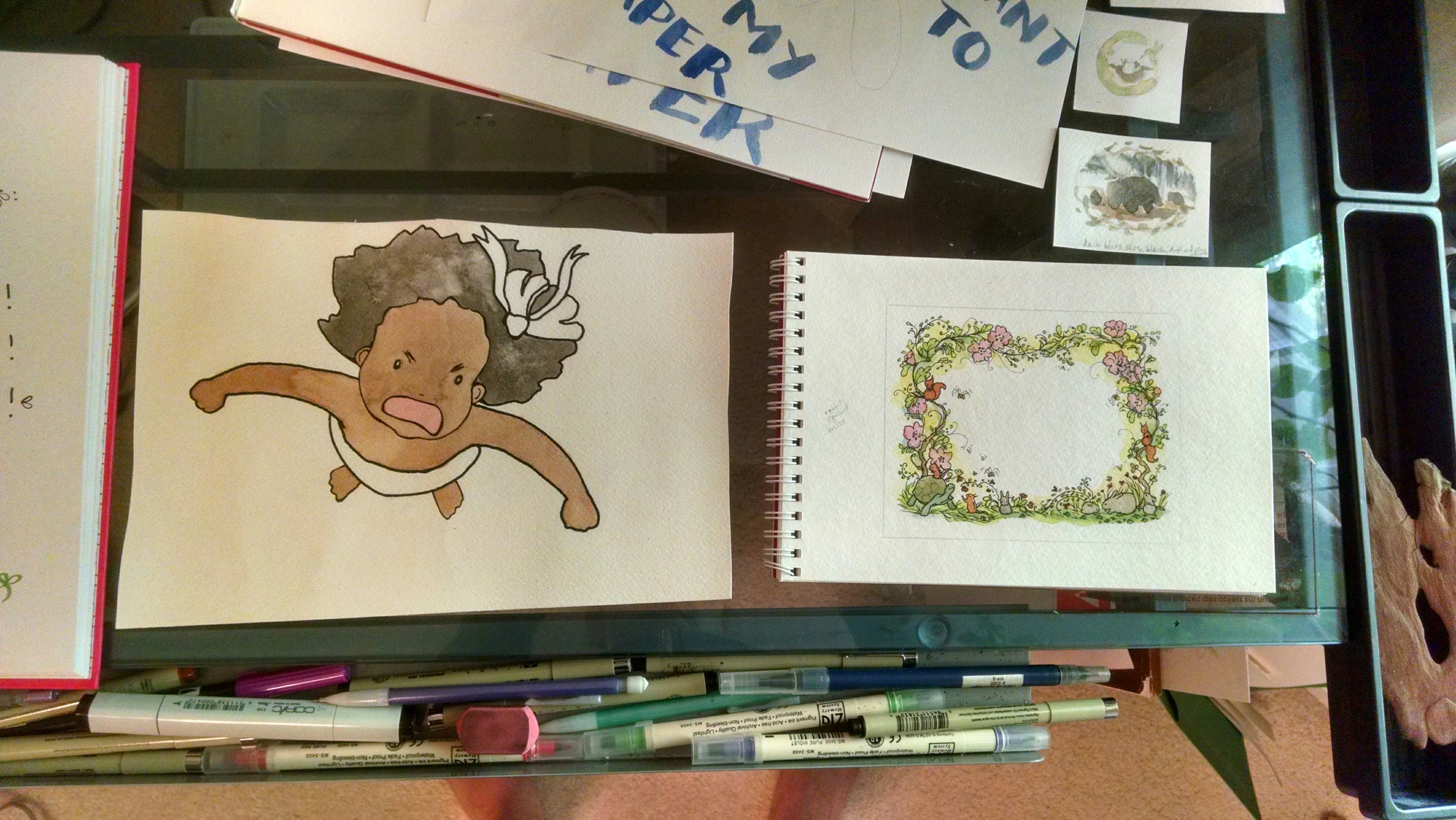 Messy desk baby art pens Carmen Wood illustrator whimsical picture book art Minneapolis