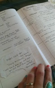 Handwritten notebook page with hand Carmen Wood illustrator whimsical picture book art Minneapolis