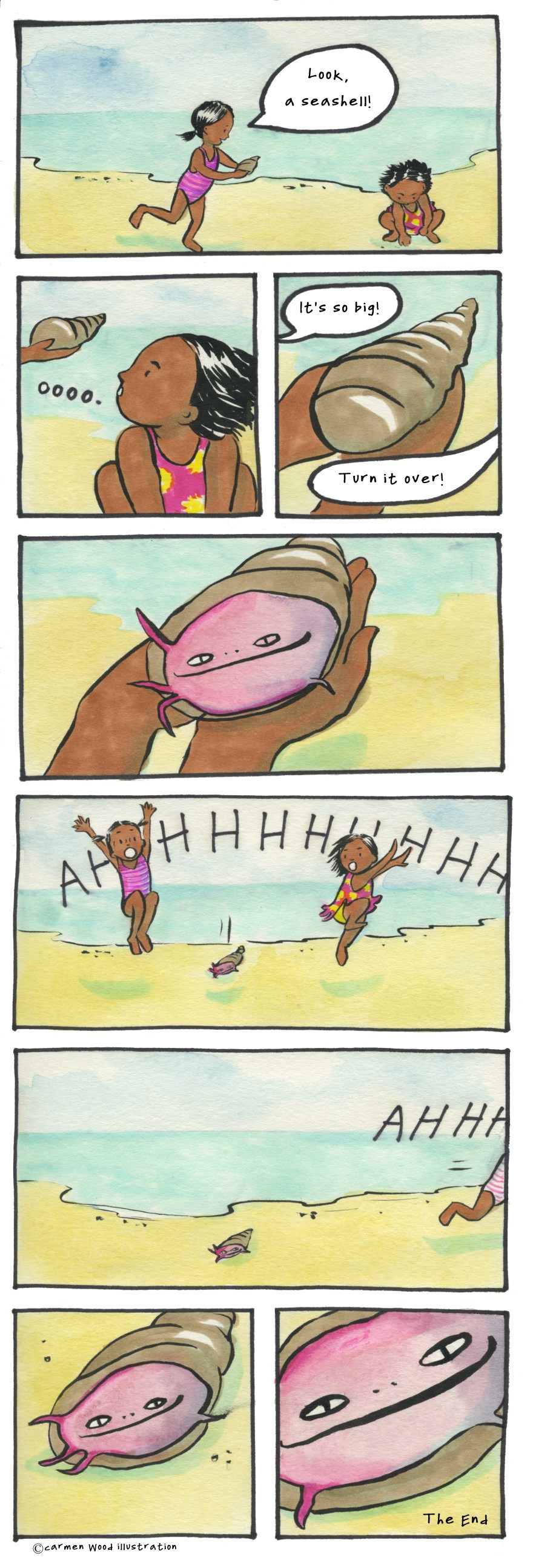 Two girls playing on the beach find a creepy shell guy who grins at them. Carmen Wood Illustration Minneapolis illustrator picture book art children's book art graphic novel art comic book art beach art goofy comic Carmen Wood artist