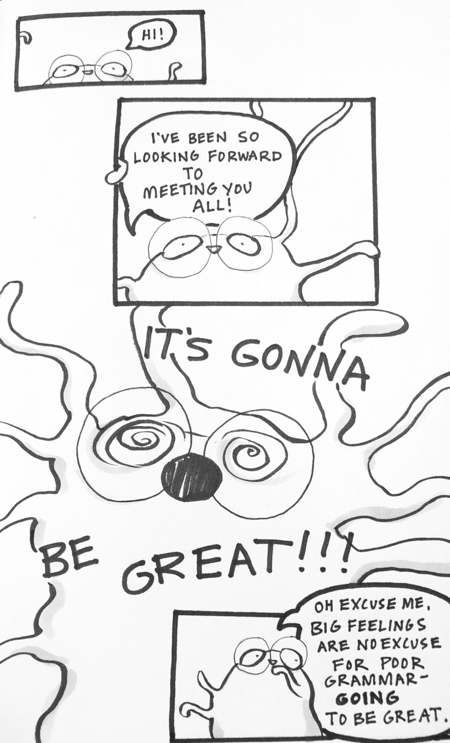 Black and White comic, critter with big glasses and squiggly arms, Carmen Wood Illustration, illustrator, artist, graphic novel, Minneapolis, picture book, children's book art