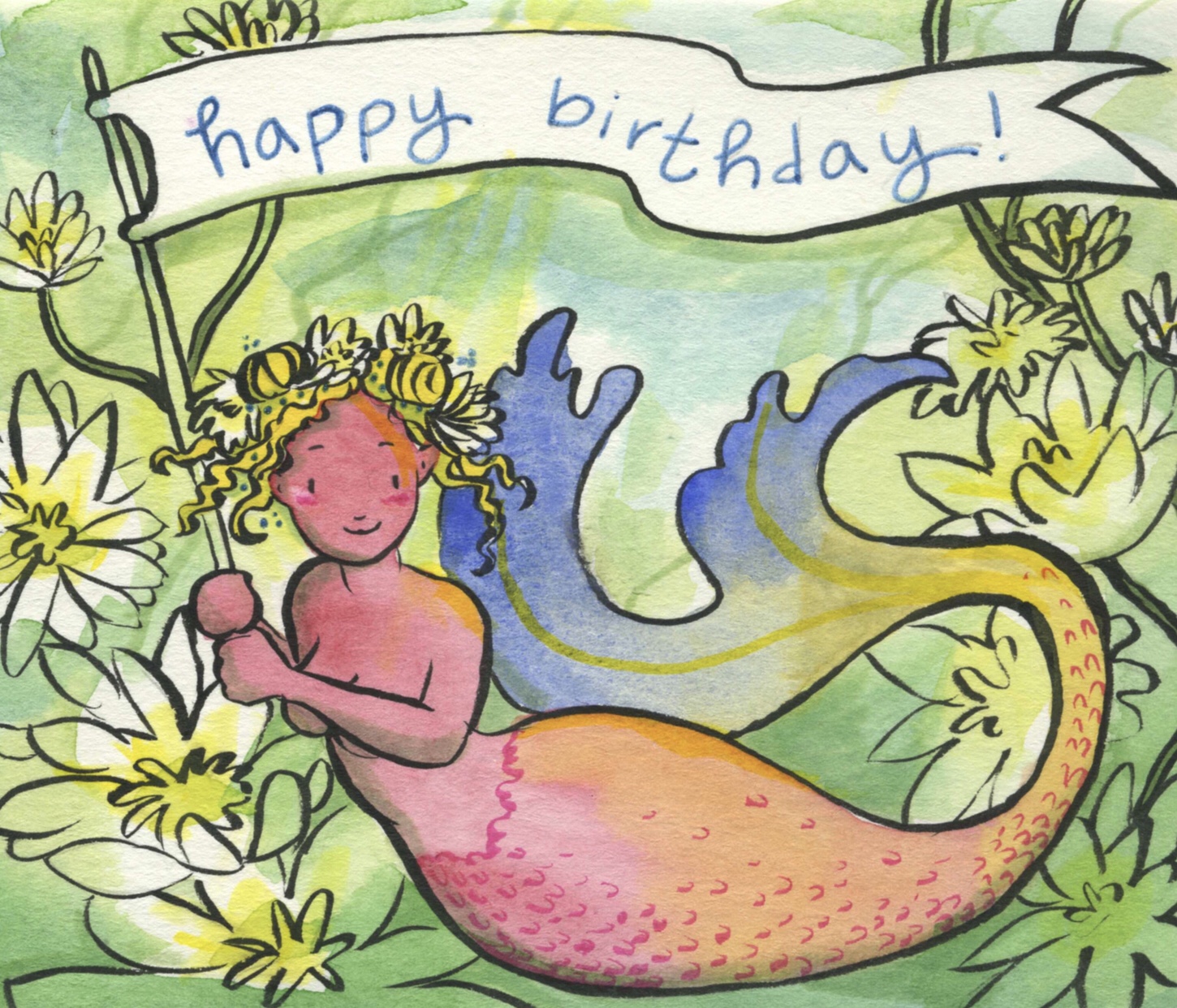 Carmen Wood illustration illustrator Minnesota art picture book children's book art a rainbow mermaid carrying a birthday sign
