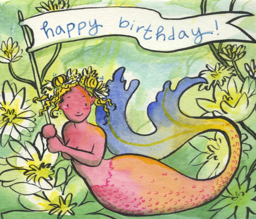 Carmen Wood illustration illustrator Minnesota art picture book children's book art a rainbow mermaid carrying a birthday sign