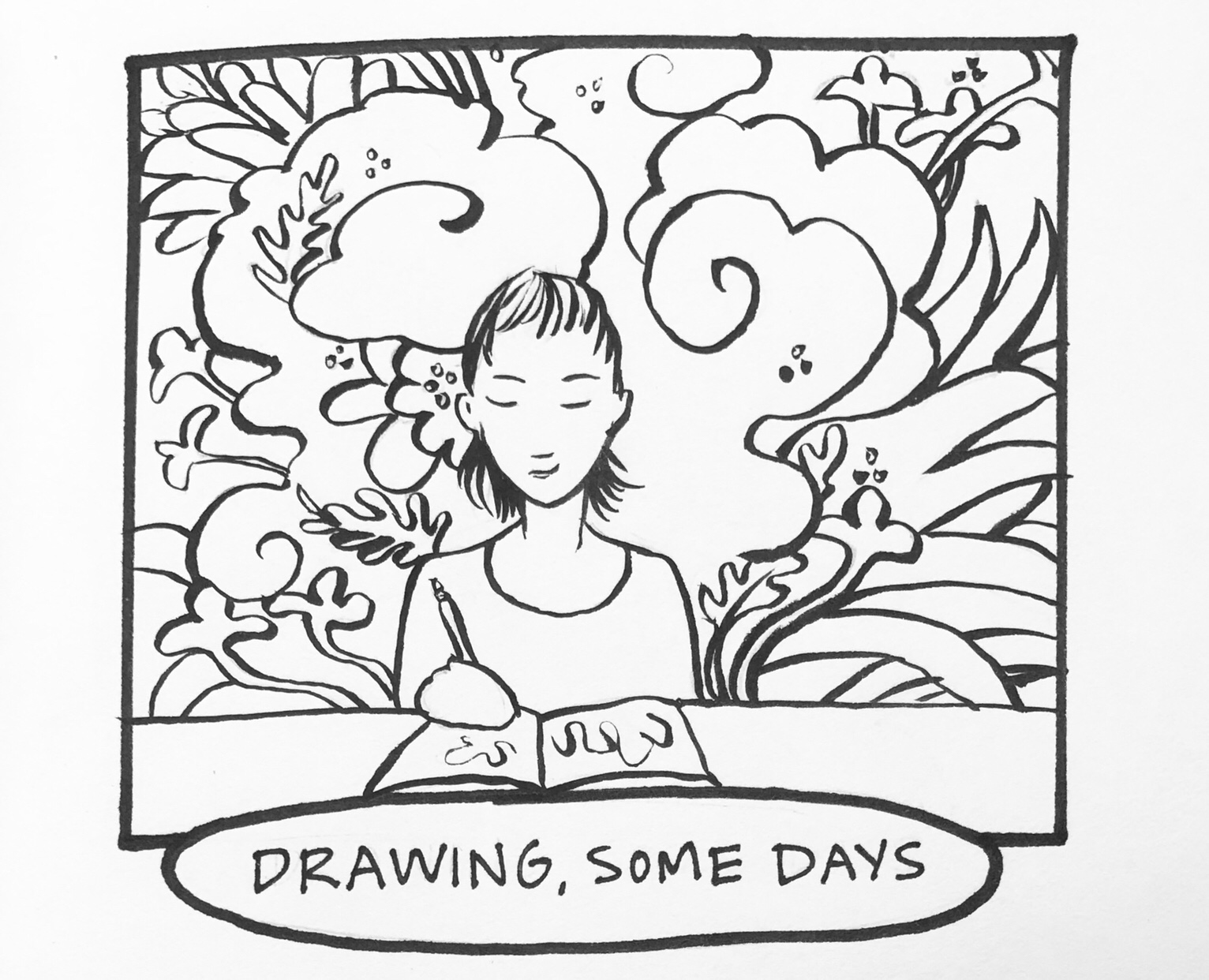 Black and White line art Carmen Wood drawing with magic swirls