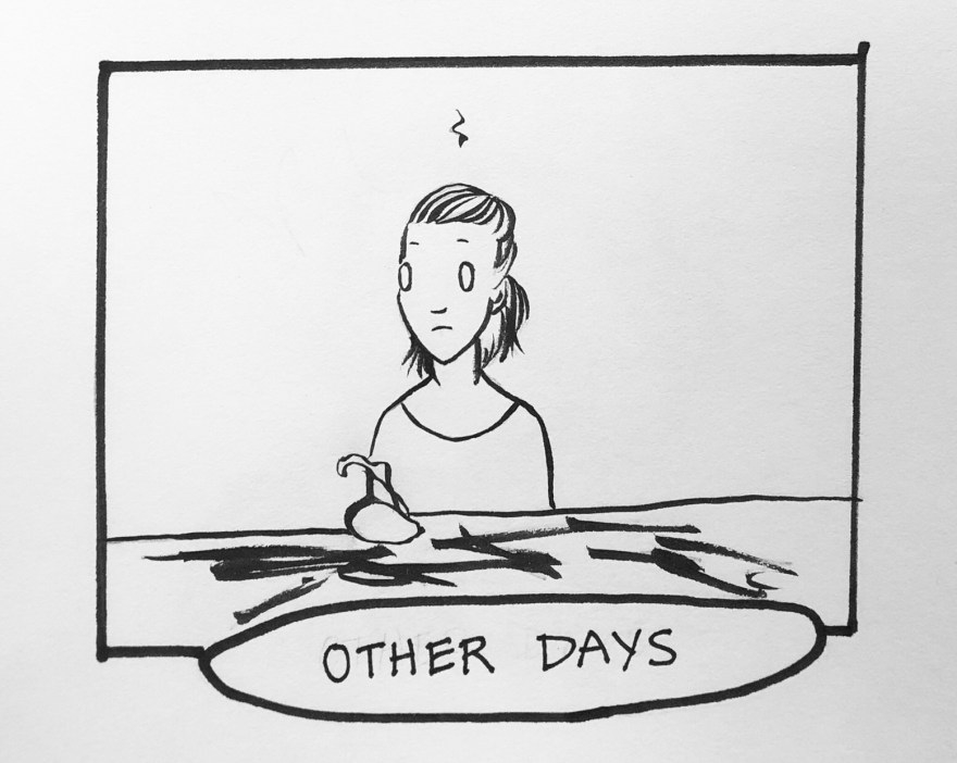 Carmen Wood drawing with a frustrated fizzle over her head. Minneapolis Minnesota