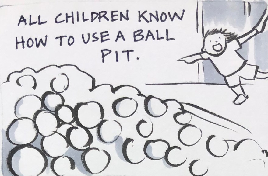 Child going to ball pit Carmen Wood art illustration comic art graphic novel Minneapolis