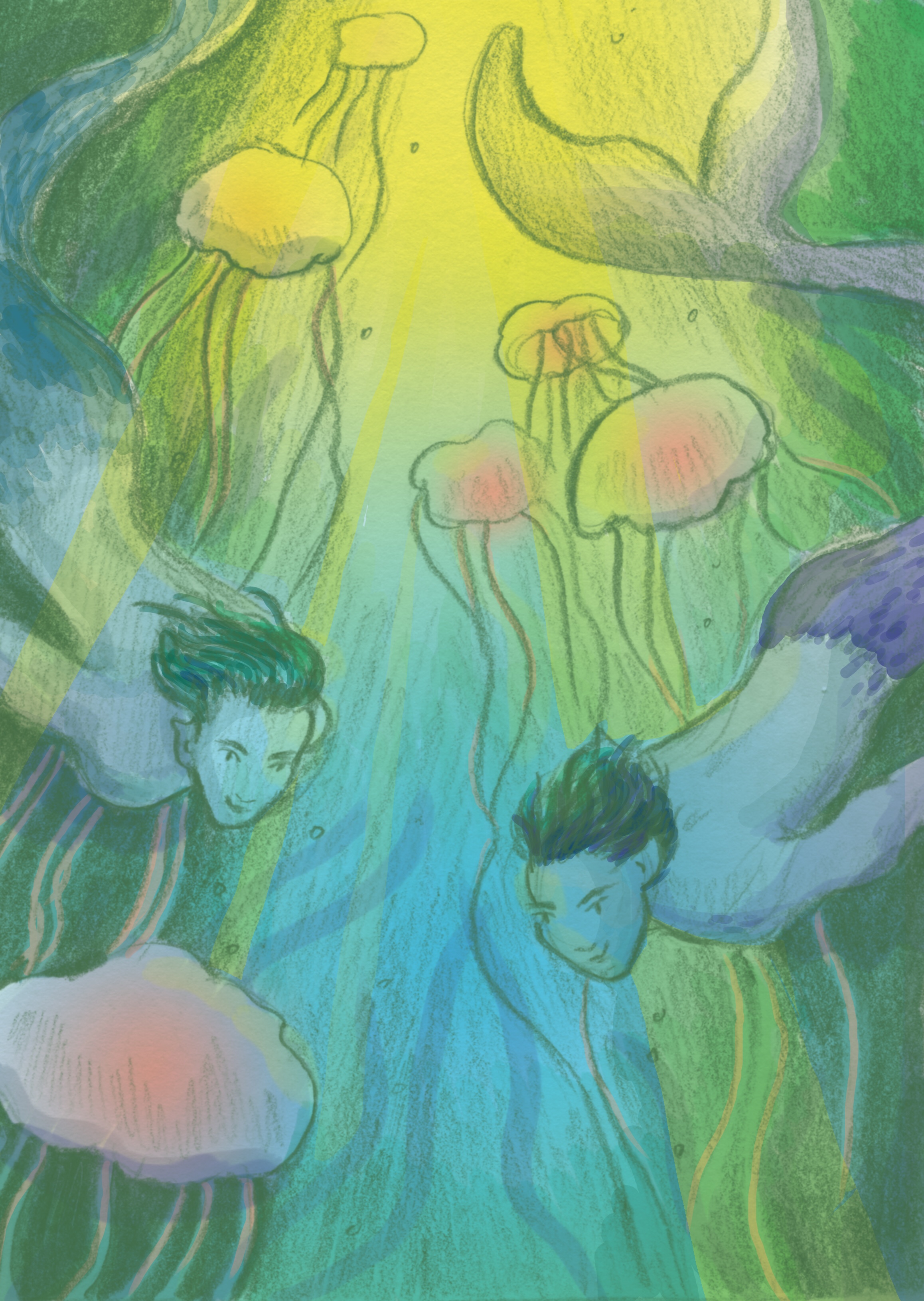Mermen in a glowing sea of jellyfish Carmen Wood Illustration art Minneapolis graphic novel children's book illustration kidlit art 