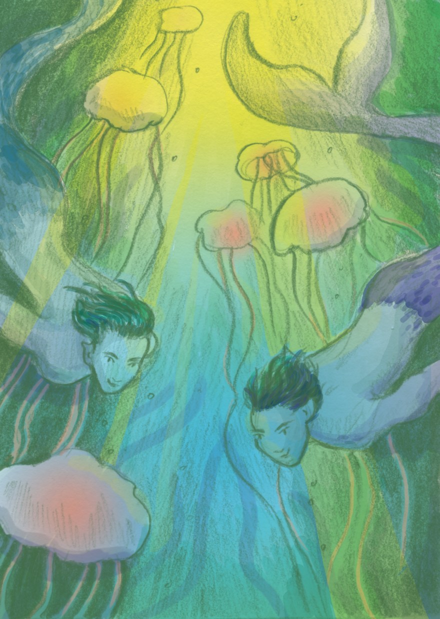 Mermen in a glowing sea of jellyfish Carmen Wood Illustration art Minneapolis graphic novel children's book illustration kidlit art 