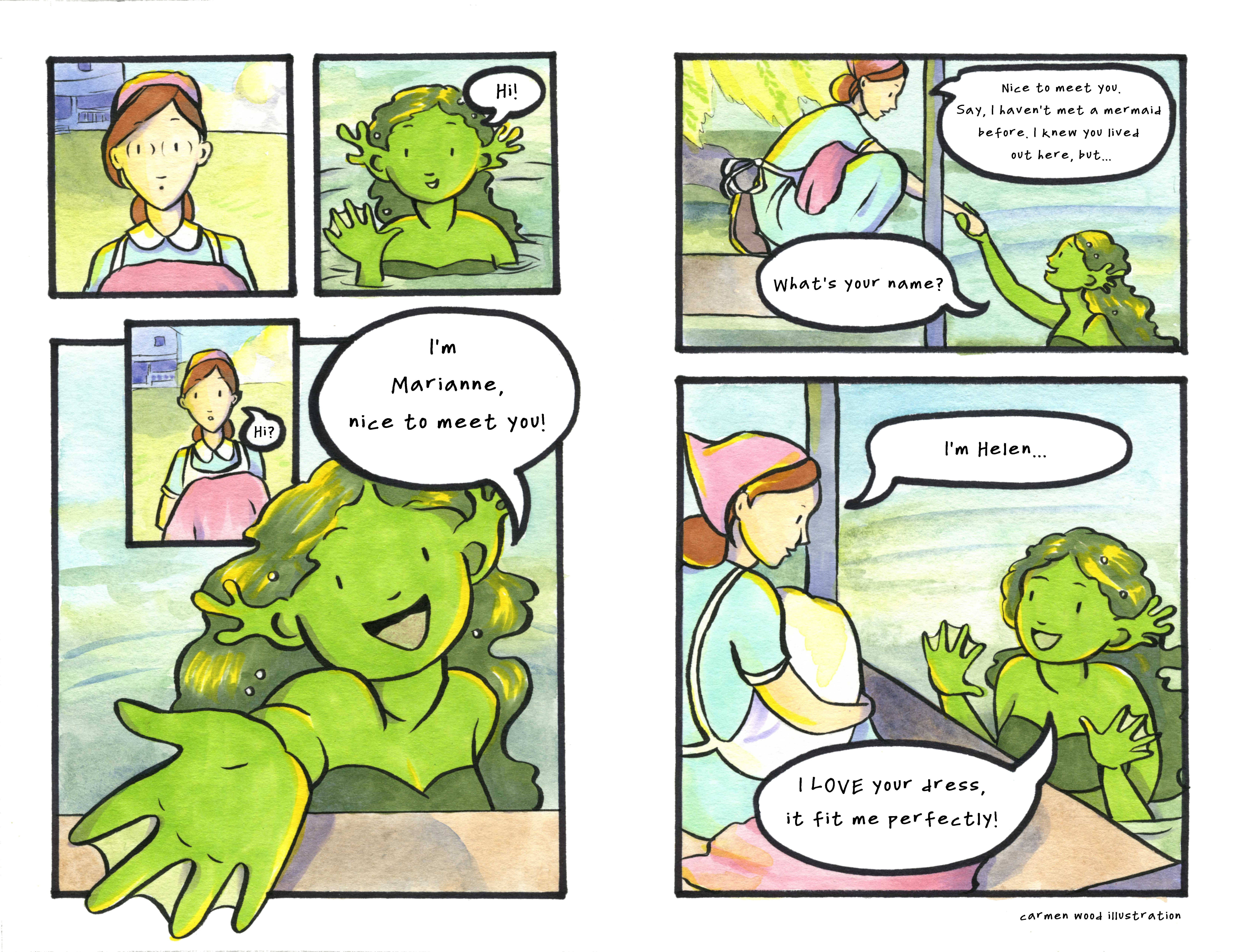 Marianne the mermaid meets Helen the human comic page Carmen Wood Illustration comic art graphic novel children's illustration illustrator fantasy art webcomic fantasy magic lbgtquia+ kidlit artist