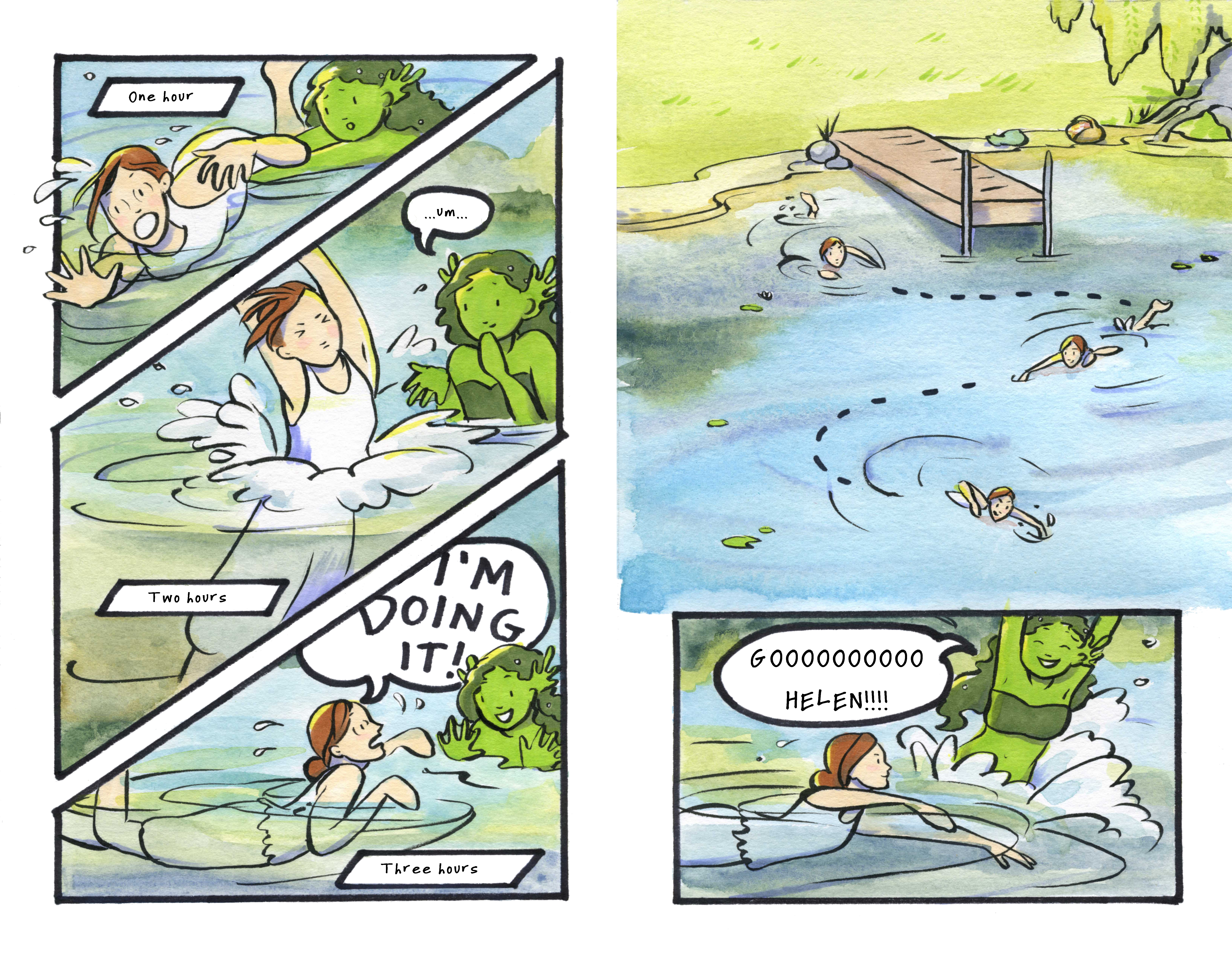 Mermaid and human swim together comic Carmen Wood Illustration comic art graphic novel children's illustration illustrator fantasy art webcomic fantasy magic lbgtquia+ kidlit artist