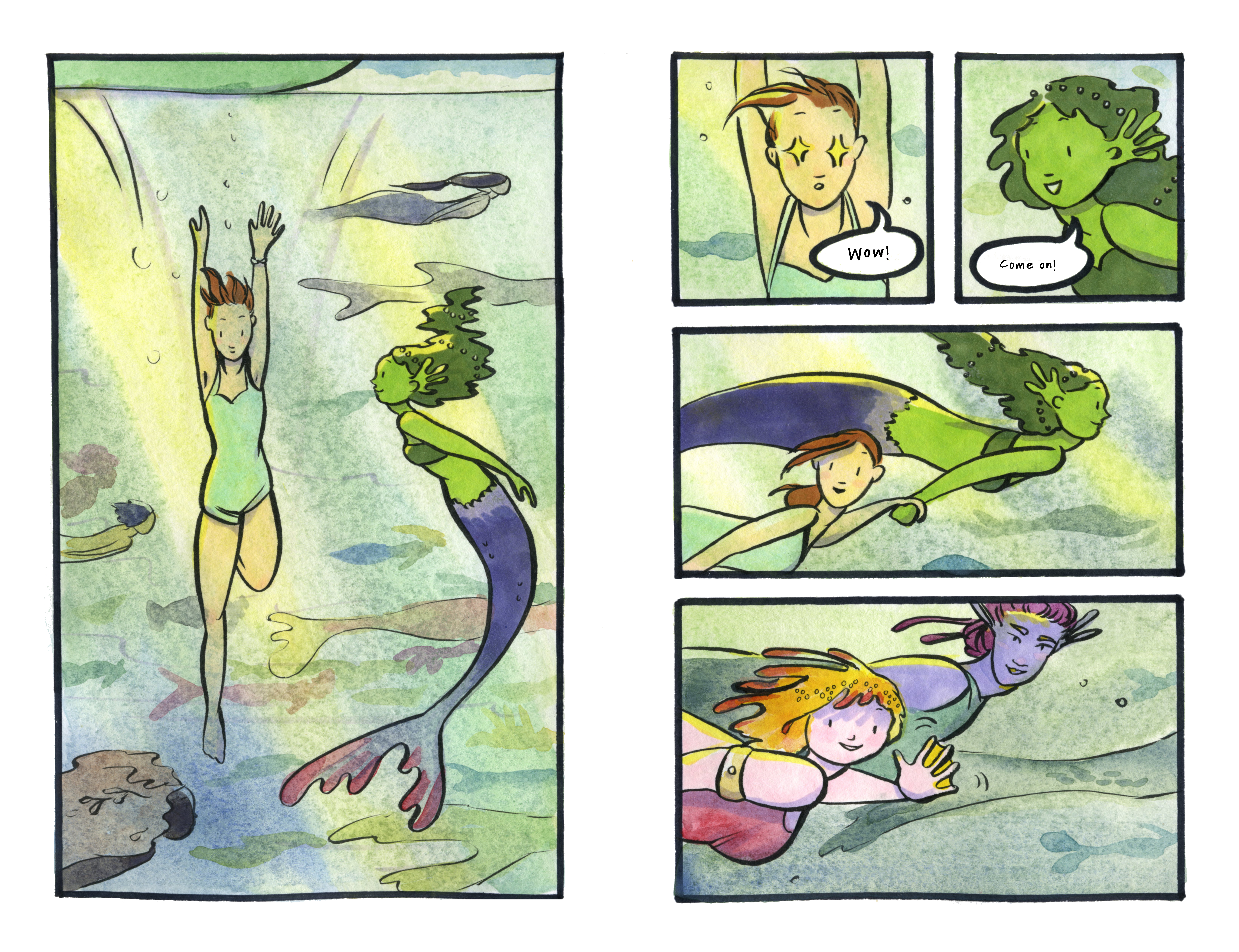 Mermaid and human swim together comic page Carmen Wood Illustration comic art graphic novel children's illustration illustrator fantasy art webcomic fantasy magic lbgtquia+ kidlit artist